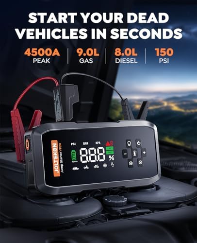 Car Battery Jump Starter with Air Compressor, 4500A Powerful Battery Jumper Starter Portable with 150PSI Auto-Pause Pump, 12V Jump Box for Car Battery with 10-Safety Protection(9L Gas/8L Diesel) - Image 2