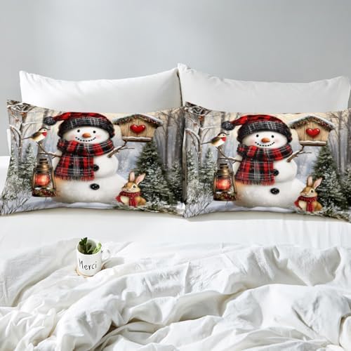 Manfei Kawaii Snowman Girls Bedding Set Twin Size, Rabbit Bird Winter Poinsettia Duvet Cover Set，Pine Tree Xmas Animal Snowflake Room Decor,Gray Green Quilt Cover,1 Pillowcase(No Comforter) - Image 7
