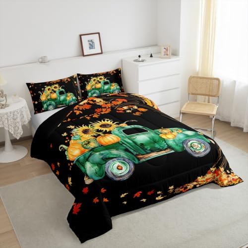 Homewish Fall Pumpkin Truck Car Comforter Set Twin Size Maple Leaves Tree Bedding Autumn Harvest Rustic Farm Quilt for Kids Girls Boys Room Decor Boho Botanical Duvet,Black 2Pcs,CYJS11386ZMD-BZ_USt - Image 2