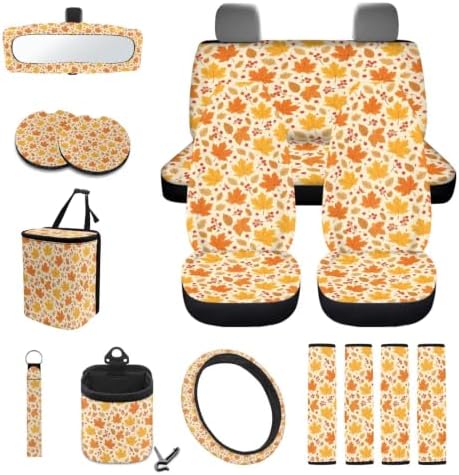 15Pcs Car Seat Cover Full Set Car Steering Wheel Cover Seat Belt Cover Trash Bin Air Vent Storage Box Front Rear View Mirror Car Cup Holder Keychain, Autumn Fall Maple Leaves