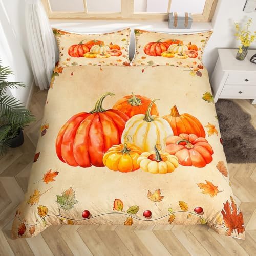 Fall Pumpkin Kids Duvet Cover Set King Size,Autumn Harvest Maple Leaf Bedding Set,Girls Boys Adults Room/Cabin Decor,Thanksgiving Retro Comforter Cover,Rustic Farmhouse Quilt Cover,2 Pillowcases - Image 4