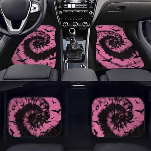 Pink Black Tie Dye Bat Print Funny Halloween Car Floor Mats 4 PCS, Cute Durable Interior Accessories for Car SUV, All Weather Floor Mats with Front Rear Trunk Liners Set for Party