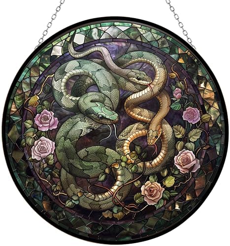 Valentine Dark Pair of Snakes Suncatcher Stained Glass Window Hanging Handmade Stained Glass Suncatchers Metal Chain Outdoor Garden Decor Gift for Women Christmas Thanksgiving by HYPESTYLE