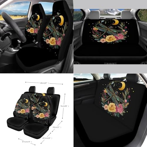 Dragonfly Roses Floral Moon Print Car Seat Cover Sets Steering Wheel & Seat Belt Cover Trash Bin Air Vent Storage Box Front Rear View Mirror Cup Holder Keychain 15Pcs Car Accessories