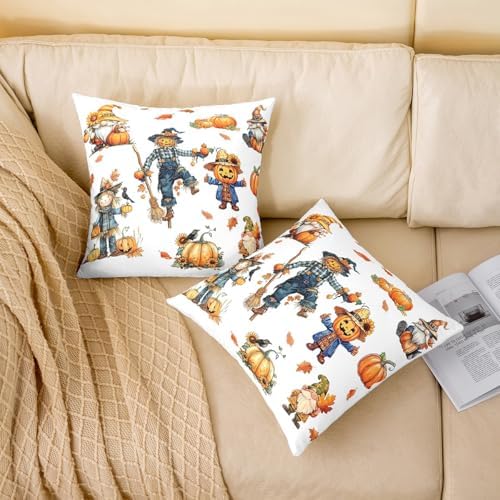 Autumn Thanksgiving Reversible Print Pillow Covers 18"x18" Pack of 2,Rustic Fall Pumpkin Scarecrow Sunflower Maple Leaves Throw Cushion Covers,Farmhouse Harvest White Couch Pillow Covers - Image 2
