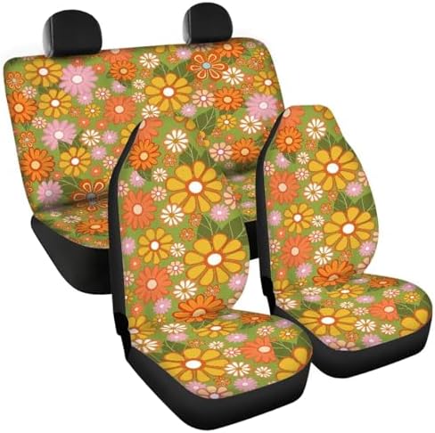 60s Groovy Hippie Flower Print Car Seat Covers 4Pcs Front & Rear Breathable Seat Covers Universal Fits for Truck, Sedan, SUV Auto Interior Protector Car Accessories