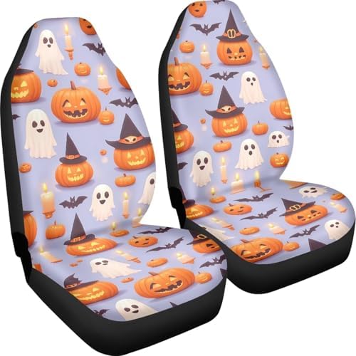 2 pcs/Set Car Seat Covers, Halloween Pumpkin Ghost Car Seat Covers Witch Hat Pumpkin Cartoon Halloween Decor Car Accessories Full Set for Trucks Sedan SUV