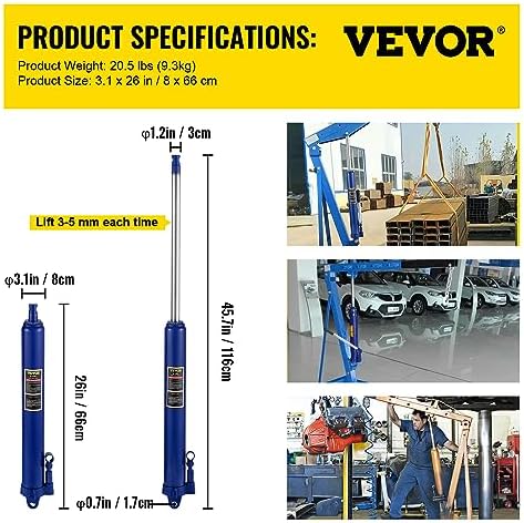 VEVOR Hydraulic Long Ram Jack, 8 Tons/17363 lbs Capacity, with Single Piston Pump and Clevis Base, Manual Cherry Picker w/Handle, for Garage/Shop Cranes, Engine Lift Hoist, Blue - Image 7