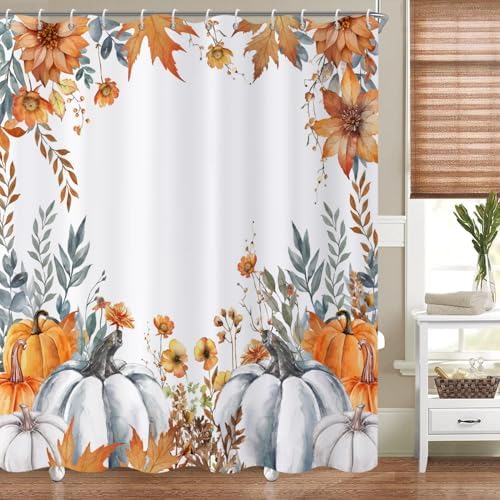 Fall Pumpkin Shower Curtain, Watercolor Autumn Pumpkins Wildflowers Plants Maple Leaves Harvest Thanksgiving Day Bathroom Curtain Waterproof Fabric Machine Washable with Hooks, 72" Wx78 L - Image 2