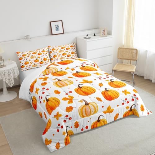 Erosebridal Fall Pumpkin Comforter Set Thanksgiving Pumpkin Decorations Bedding King Size Autumn Fall Maple Leaf Comforter Harvest Season Fruit Decor for Kids Rustic Farmhouse Bed Set 2 Pillowcases - Image 5
