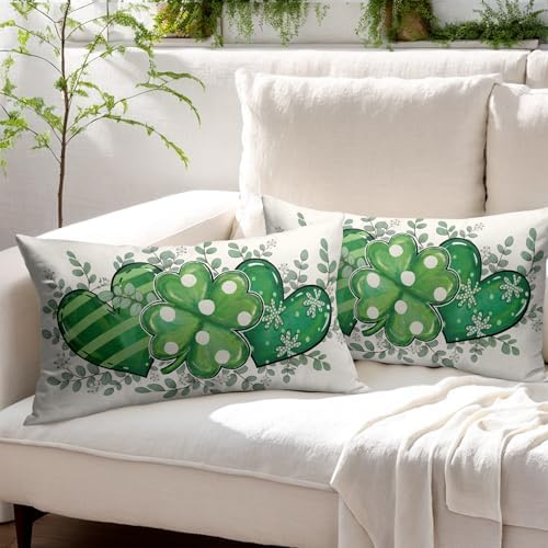 St Patricks Day Pillow Covers 12x20 Set of 2 Shamrock Clover Throw Pillow Covers Rustic Spring Pillowcase Linen Decoration Farmhouse Decorative Green Cushion Case Couch for Indoor Outdoor Home Decor - Image 3