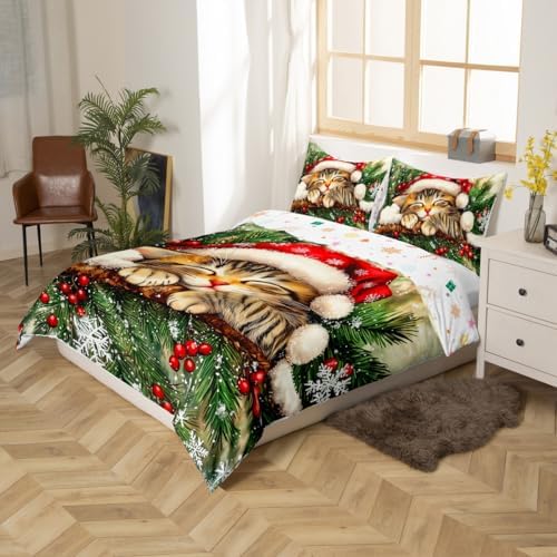 Manfei Xmas Cat Kids Duvet Cover Set Full Size,Snowflake Holly Berries Winter Girls Boys Bedding Set,Merry Christmas Poinsettia Animal Room Decor,Green Yellow Quilt Cover,2 Pillowcases(No Comforter) - Image 5