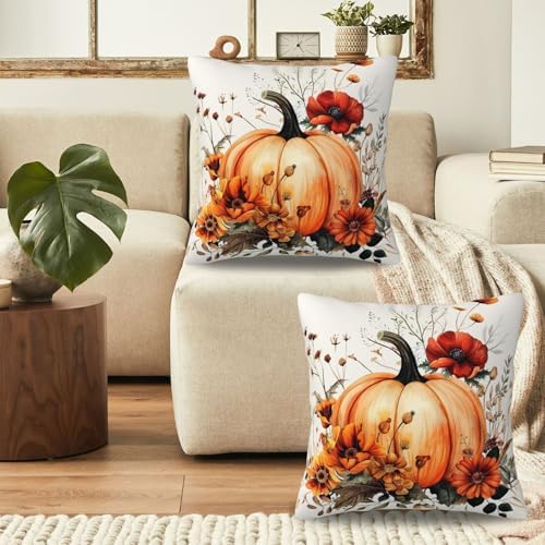 KiuLoam Vintage Fall Pillow Covers 22x22 Inch Set of 2 Vintage Red Black Orange Pumpkin Floral Autumn Print Decorative Throw Pillows Outdoor Halloween Decor Cushion Covers for Sofa Couch Bed - Image 4