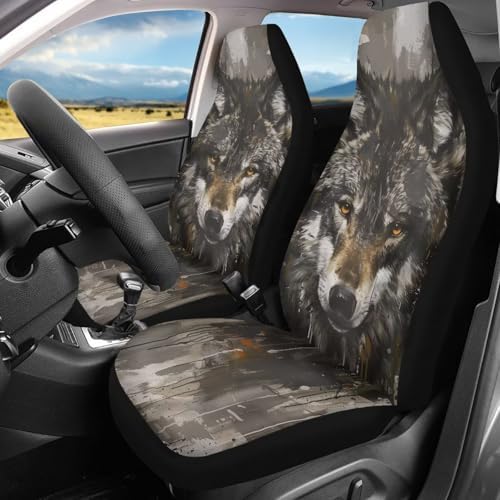 Brown Wolf Print Car Front Seat Cover 2 Piece Vehicle Interior Cover Protector Decor Accessory Seat for SUV Truck Van Sedan