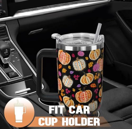 Fall Tumbler with Handle Thanksgiving 40oz Colorful Pumpkin Coffee Travel Mug Autumn Stainless Steel Insulated Cups Cute Fall Thanksgiving Decor Gifts - Image 7