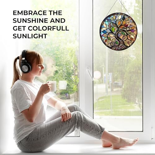 Bohemian Tree of Life Stained Glass Suncatcher 4 Season Colorful Window Wall Ornament Hand-Painted Glass Panel Decor Gift for Women Christmas Thanksgiving Gift 6.3" - Image 5