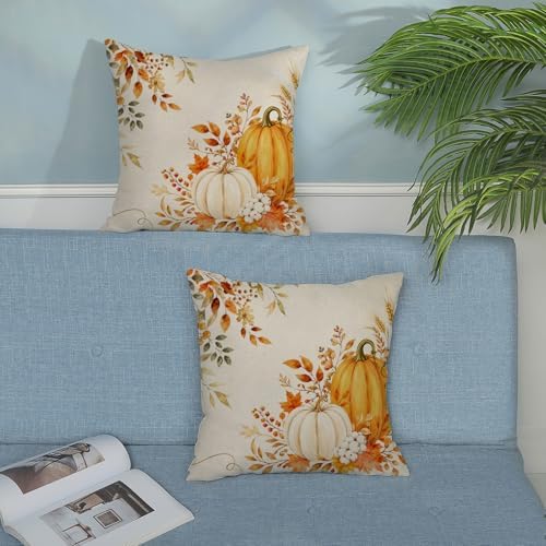 Fall Pillow Covers 18x18 Set of 2 Orange White Pumpkin Throw Pillow Covers Autumn Maple Leaf Eucalyptus Decorative Ourdoor Pillow Cases Thanksgiving Harvest Linen Cushion Cover for Couch Home Decor - Image 4