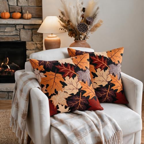Fall Leaf Pillow Covers 18x18 Set of 2 Black Orange Maple Leaves - Image 3