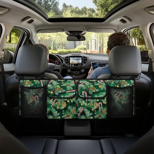 Christmas Pine Candy Car Trunk Organizer Car Backseat Storage Bag with 4 Pockets Hanging Trunk Cargo Storage Universal Auto Accessories for Sedans SUV Trucks Van