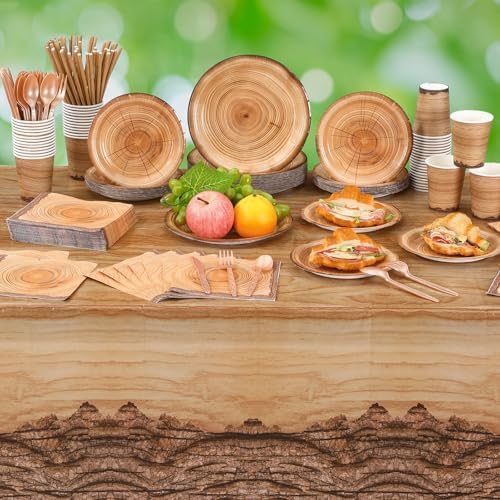 Funnymoom 452 Pcs Camping Wood Grain Party Decorations Rustic Wood Disposable Paper Plates Napkins Cups Tablecloth Cutlery Straws for Forest Themed Party Decorations Hunting Birthday Supplies - Image 6
