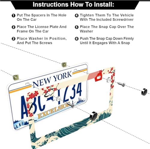Waves Cherry Blossom License Plate Frames - 2 Pcs Set 2 Holes Stainless Steel Metal Auto Car Accessories Decoration License Plate Frame Cover Size 6.3" x 12.2" Fit US Vehicles for Women Men Gift