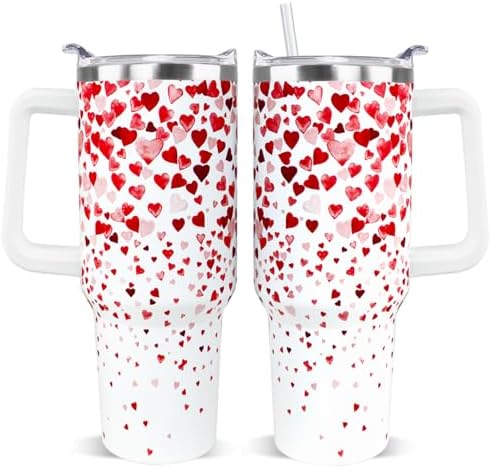Valentines Tumbler 40oz Love Heart Tumbler Coffee Mugs Watercolor Heart Leak Proof Cups with Handle and Straw Stainless Steel Insulated Water Bottle for Valentine Decor Gifts for Women Her(1PCS) by Unknown