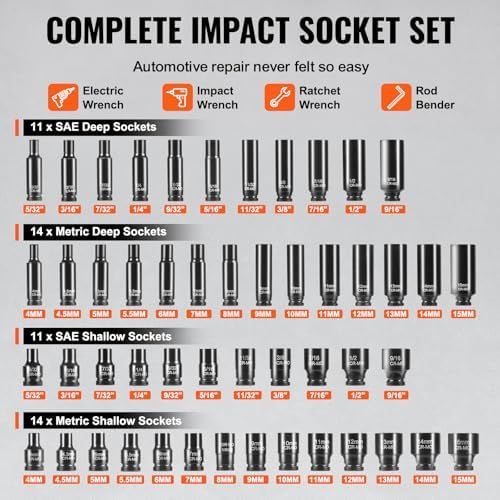 VEVOR Impact Socket Set 1/4" Drive, 55-Piece Deep & Shallow Socket Set Standard SAE (5/32 to 9/16 inch) & Metric (4 to 15 mm) Size, 6 Point, CR-V, Extension Bar, Universal Joint, Reducer - Image 3