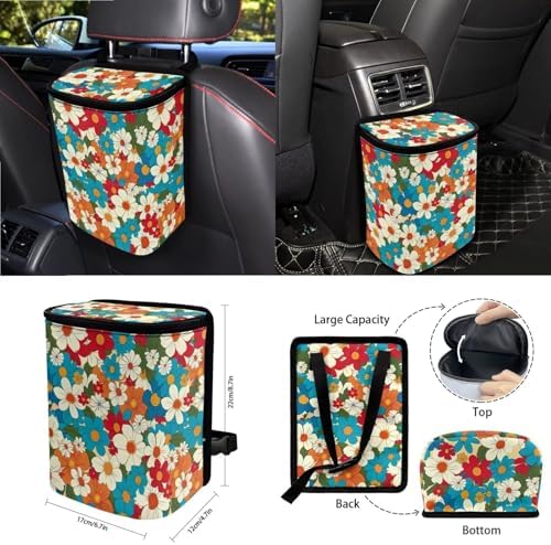 Colorful Hippie Daisy Print 15Pcs Car Seat Cover Full Set Car Steering Wheel Cover Seat Belt Cover Trash Bin Air Vent Storage Box Front Rear View Mirror Car Cup Holder Keychain