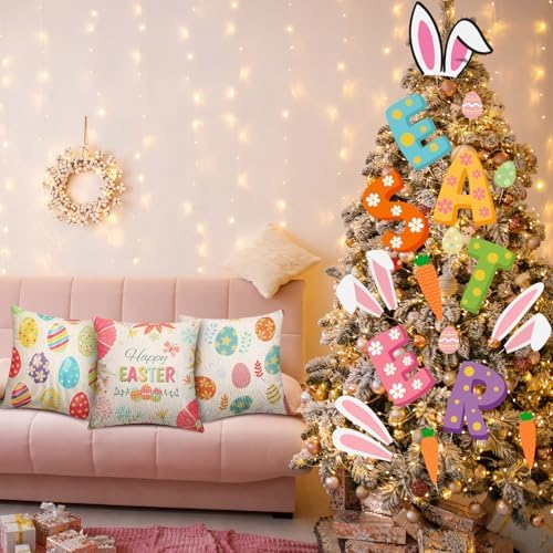 HunnmingRe 19 Pcs Easter Decorations Tree Ornament Large Bunny Ear Tree Topper Easter Egg Pillow Covers Rabbit Ear Picks Carrot Ornaments for Home School Office Spring Party Decor - Image 6