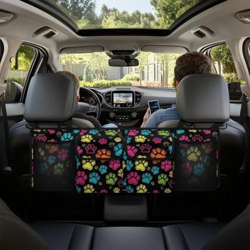 Colorful Dog Paw Print Car Trunk Organizer Car Backseat Storage Bag with 4 Pockets Hanging Trunk Cargo Storage Universal Auto Accessories for Sedans SUV Trucks Van