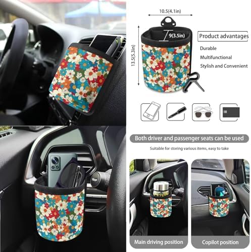 Colorful Hippie Daisy Print 15Pcs Car Seat Cover Full Set Car Steering Wheel Cover Seat Belt Cover Trash Bin Air Vent Storage Box Front Rear View Mirror Car Cup Holder Keychain