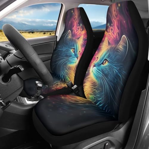 Cute Galaxy Cat Print Car Seat Covers Set of 2 Elastic Fabric Front Bucket Seat Covers Stretch Seats Protector Universal Fit Car Interior Decor