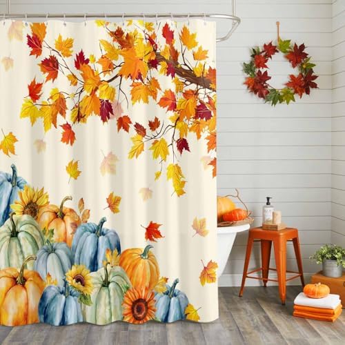 Fall Shower Curtain Autumn Maple Leaves Bathroom Curtains with Hooks, Waterproof Polyester Fabric Thanksgiving Harvest Pumpkin Sunflower Shower Curtains Set for Bathroom Bathtubs Decor 72x96 Inch - Image 4