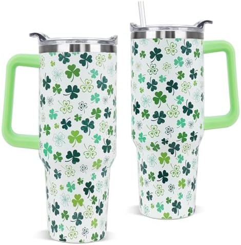 St Patricks Day Tumbler with Handle 40 oz Green Lucky Shamrock Coffee Travel Mug Stainless Steel Insulated Cup Irish Saint Patricks Decor Gifts by Unknown