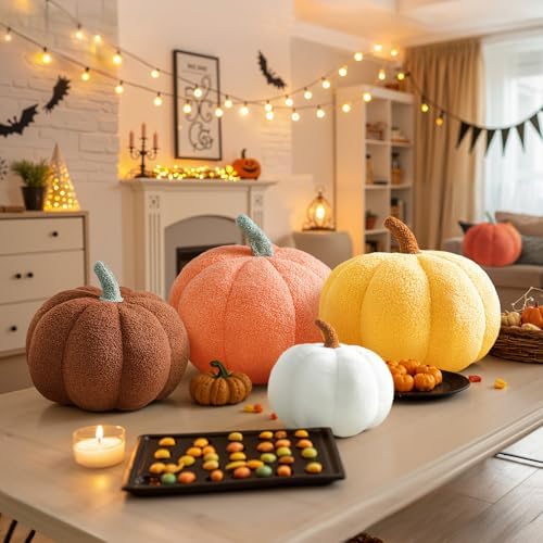 Halloween Pumpkin Pillows White Teddy Fleece 3D Pumpkin Shaped Throw Pillow for Fall Party Decoration Cute 13.78 Inches Ultra Soft Sherpa Pillow for Natural Accent Room Decor, Gift - Image 5