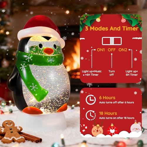 Christmas Snow Globe Penguin Lighted Musical Glitter Globe Battery Operated or USB Powered with Timer Water Glittering Snowing Globe for Christmas Party Home Table Decorations Gifts (Penguin) - Image 3