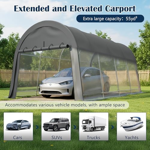 KEIKI 10x20 FT Carport Canopy, Anti-Snow Heavy Duty Portable Garage Canopy with Steel Frame & Vented Roof, Waterproof Outdoor Storage Shed for Vehicle, Boat, Gray - Image 7
