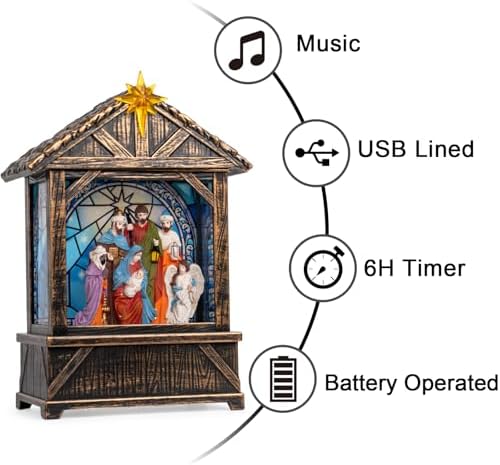 Christmas Snow Globe Lantern Water Glittering Nativity Manger with Star, USB Lined/Battery Operated Lighted Lantern for Christmas Festival Decoration Gifts - Image 4
