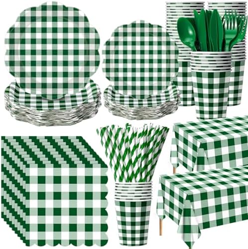 Funnymoom 452 Pcs Green Gingham Party Supplies for 50, Dark Green Plaid Checkered Paper Plates Napkins Cups Tablecloth Cutlery Straws for Holiday Birthday Baby Shower Party Decoration by Funnymoom