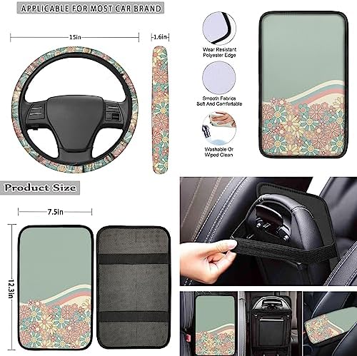 Abstract 70S Groovy Flower Auto Seat Cover Full Set for Women,12 Pack Green Swirl Wavy Auto Front Back Seat Cushion Protective Accessory with Coaster Keyring Steering Wheel Cover Armrest Pad