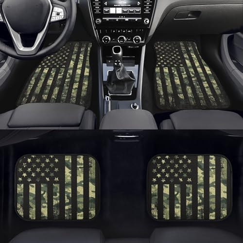 Camo Flag Car Floor Mats Carpet Set of 4 American Flag with Camouflage Grunge Style Floor Mats for Cars Universal Vehicle Front Rear Rugs Military Background Car Decor Accessories for Trucks