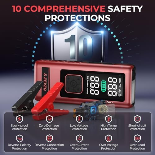 S ZEVZO Car Jump Starter with Air Compressor, 6000A 150PSI Jump Box Battery Pack(6.0 Gas/4.0L Diesel), Portable 12V Jump Box with Auto-Shutoff Tire Inflator, USB Ports, LCD Display & LED Light - Image 6