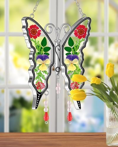 KY&BOSAM Butterfly Suncatchers Pressed Flowers Stained Glass Window Hanging - Image 3
