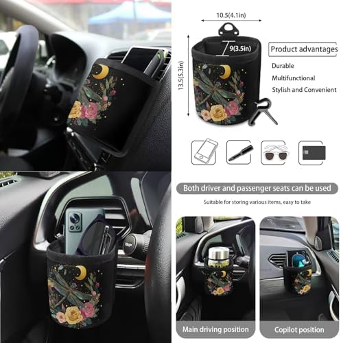 Dragonfly Roses Floral Moon Print Car Seat Cover Sets Steering Wheel & Seat Belt Cover Trash Bin Air Vent Storage Box Front Rear View Mirror Cup Holder Keychain 15Pcs Car Accessories