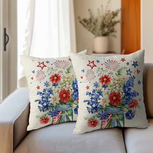4th of July Pillow Covers 16x16 Set of 2, Patriotic Throw Pillow Covers Independence Memorial Day Pillowcase, Summer Floral Decorative Fourth of July Cushion Case Couch for Indoor Outdoor Home Decor - Image 3
