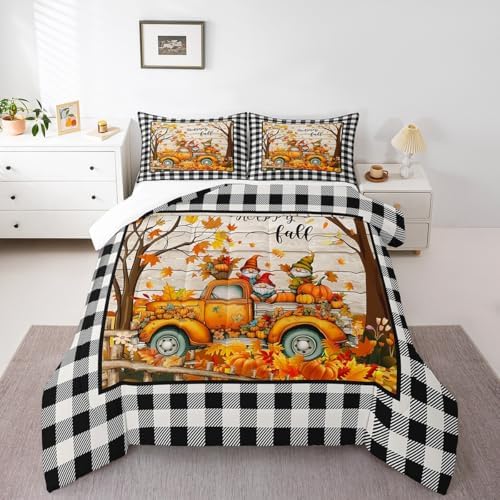 Homewish Happy Fall Comforter Set Full Size Pumpkin Truck Maple Leaves Gnomes Bedding Set,Vintage Black White Grid Quilt Set for Kids Girls Boys Adult Room Decor,Rustic Farmhouse Duvet Insert 3Pcs - Image 6