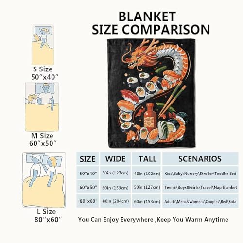 Sushi Dragon Blanket Japanese Cuisine Throw Blankets,Birthday Gifts for Kids Girls Women,Lightweight Soft Fleece,Sweet Food Lovers,Sofa Couch Bed Room Modern Decor 60x80in - Image 3