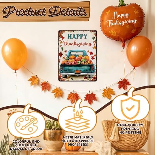Pumpkin Car Vintage Tin Sign Happy Thanksgiving Metal Wall Decor for Studio Mall Living Room Dining Room 12x16Inch - Image 3