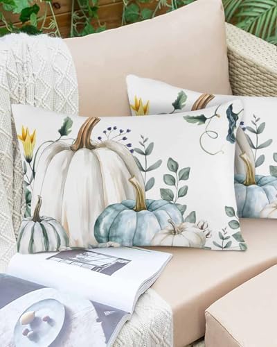 Pillow Covers 20x36 Inch - King Fall Thanksgiving Blue Grey Pumpkin Watercolor Eucalyptus Leaves Soft Brushed Microfiber Pillowcases with Hidden Zipper Closure Bed Pillow Shams for Bedroom Sofa Car - Image 6