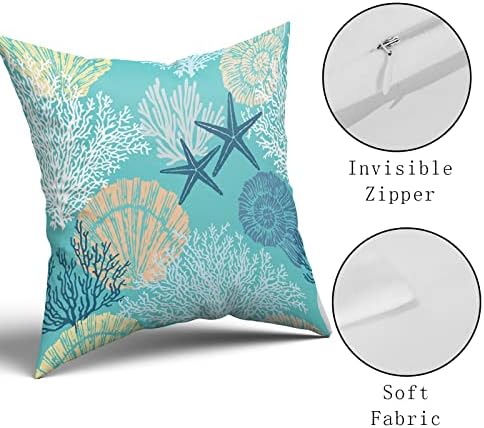 Sweetshow Ocean Coral Pillow Covers 18x18 Inch Nautical Coastal Throw Pillows Set of 2 Beach Seashell Starfish Pillow Case Soft Cotton Square Cushion Covers for Home Couch Sofa Patio Bedroom, Green - Image 3